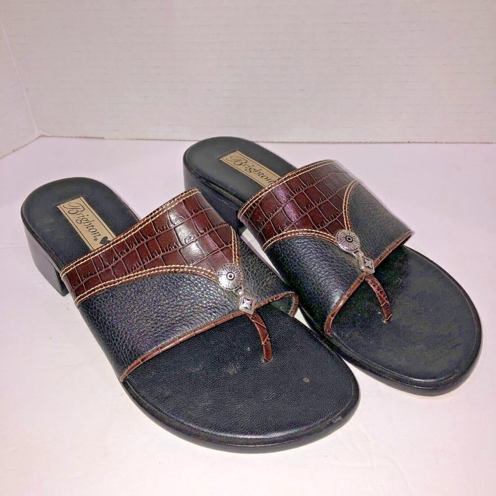 Brighton Black and Brown Leather Slide Sandal